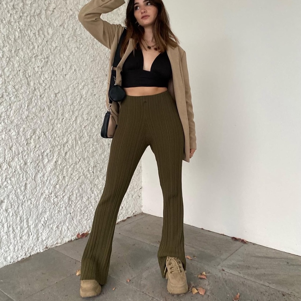 Urban Outfitters Olive Ribbed Flare Pants